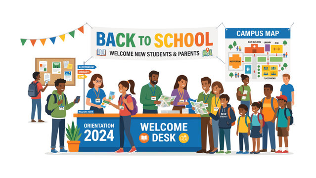 Back to School Welcome Desk: A vibrant scene depicts a Back to School event, with students and parents queuing at a welcome desk for orientation, receiving campus maps and information.