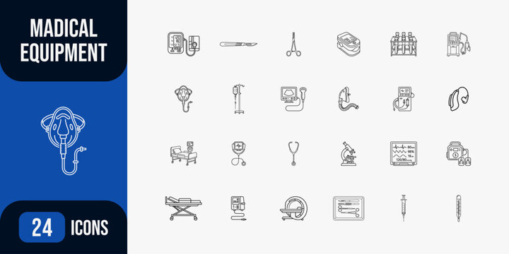 Medical equipment line icons set with diagnostic tools clinical devices surgical instruments lab apparatus patient care items monitoring systems healthcare thin stroke symbols on blue background