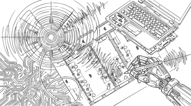 Intelligent robot hand drafting a technical schematic on a workspace with a laptop, showcasing advanced technology and industrial automation.