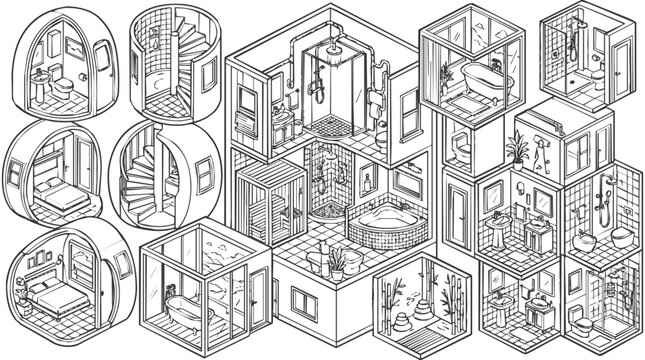 Isometric modular architecture interior sketch showing floor plan designs for modern tiny homes, futuristic pod living, and compact living spaces.