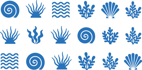Marine Icon Collection Featuring Seashells, Coral Reefs, Seaweed, Ocean Waves, and Nautical Elements for Coastal Designs and Underwater Themes © MdMohimot