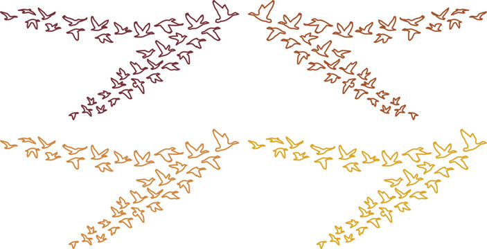 Flying birds vector set, a flock of migratory birds in flight, abstract nature illustration, freedom and journey concept, seamless pattern element for design projects