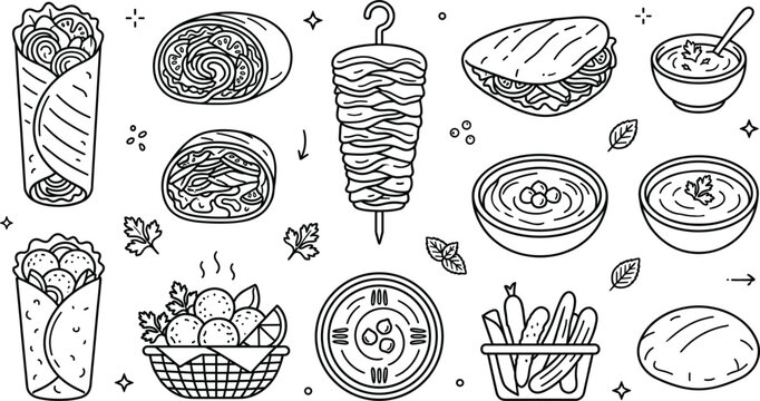 Traditional middle eastern food vector doodle set featuring kebab falafel hummus wrap shawarma and pita bread graphic icons.