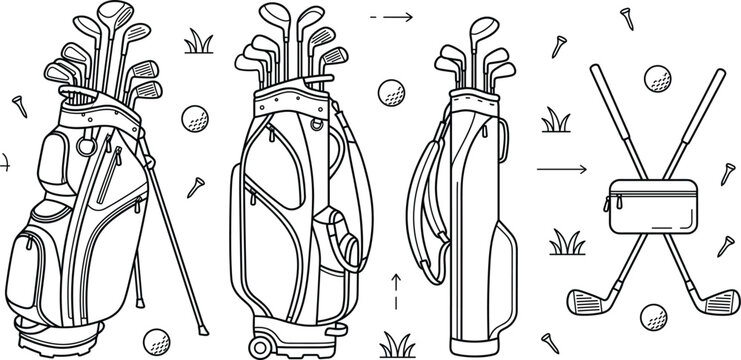 Golf Bag and Club Equipment Vector Set with Sport Gear Line Art Symbols,