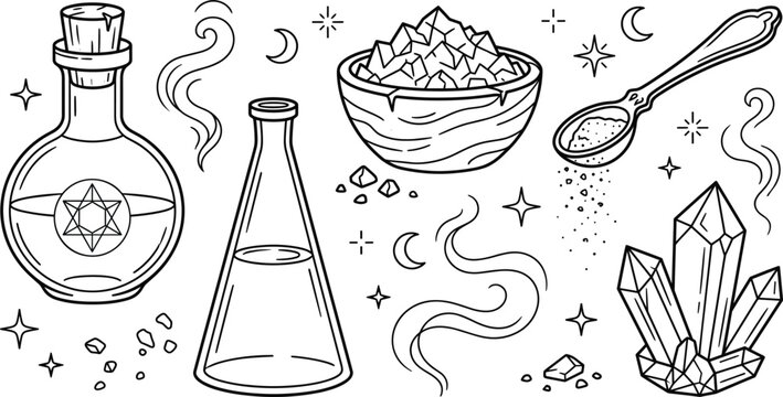 Witchcraft magic potion bottle and crystal vector outline illustration set with esoteric alchemy ritual line art design elements