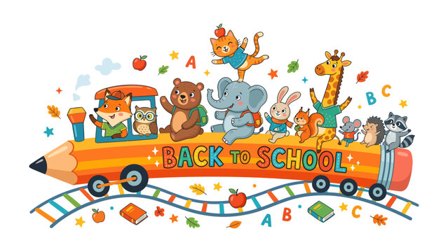 Back to School Animals Train Illustration: A whimsical illustration depicts a group of cute animal characters riding on a train shaped like a giant pencil.