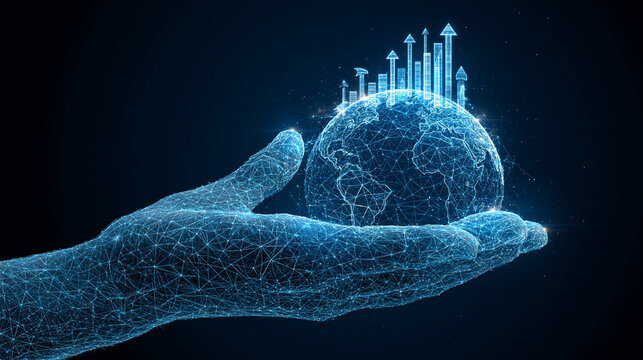 Global Growth Hologram: A stylized, luminous hologram of the Earth, displaying ascending bar charts, rests delicately on an open, digitally rendered hand.