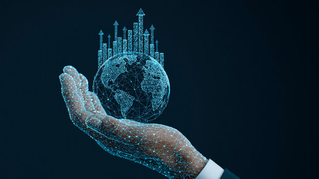 Global Growth on Hand: A hand, illuminated by a digital glow, cradles a wireframe globe surmounted by an ascending bar graph, symbolizing global economic progress and innovation.