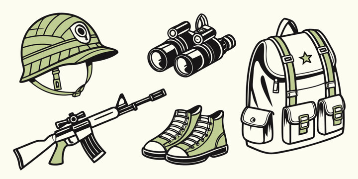 Tactical army gear collection featuring sniper rifle helmet binoculars boots and tactical backpack military tactical backpack binoculars protection survival adventure equipment illustration