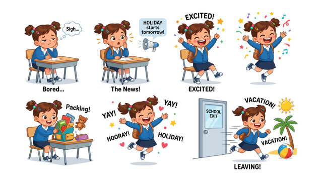 School Holiday Excitement: A young student experiences a range of emotions from boredom to pure elation as she learns her holiday has begun and prepares for vacation.