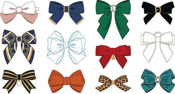 Chic preppy hair bow ribbons vector set featuring classic plaid stripes leopard print and metallic accents for school fashion boutique accessories graphic design