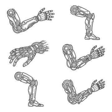 Collection of robotic arm and bionic leg designs featuring mechanical prosthesis parts, cyberpunk prosthetic sketches and cyborg limb concepts.