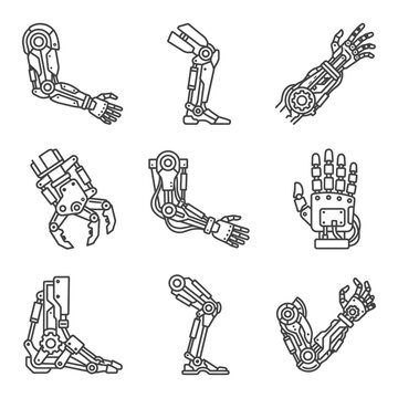 Set of robotic and prosthetic limb icons featuring bionic and mechanical arm and leg designs for futuristic technology and medical engineering