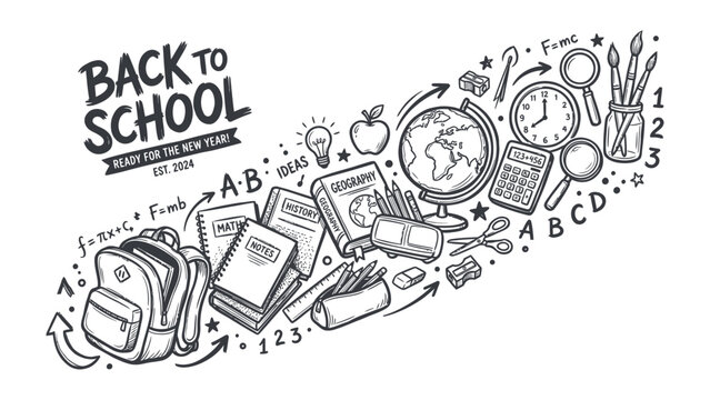 Back to School Doodle Art: A charming black and white doodle illustration captures the essence of returning to school, featuring a backpack, books, globe, clock, calculator, and art supplies.