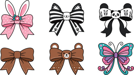 Cute cartoon animal ribbon bow vector set featuring bunny panda cat bear and butterfly designs for children clothing embroidery and sticker graphics © Protima