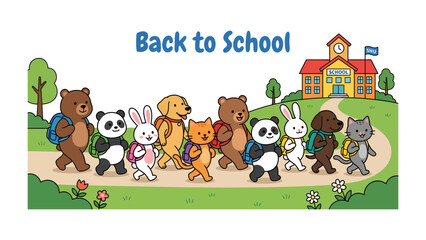 Fototapeta premium Back to School Parade: A charming illustration depicts a diverse group of cartoon animals, including bears, pandas, bunnies, dogs, and cats, cheerfully walking towards a school building.