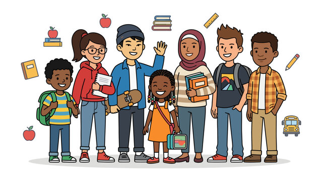 Diverse students standing together with books and backpacks, illustrating multiculturalism and education.