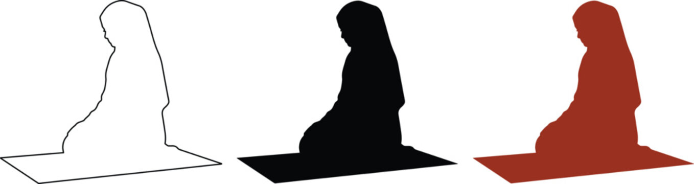 Muslim woman praying silhouette vector icon set, Islamic prayer on mat graphic, religious worship symbol, spiritual devotion illustration for Ramadan and Eid