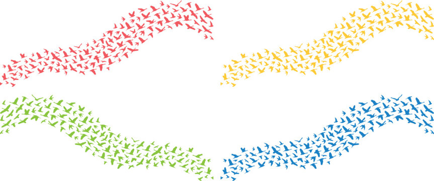 Colorful abstract bird flock patterns, a vibrant collection of flying bird silhouettes in red, yellow, green, and blue, dynamic nature-inspired vector elements for design projects