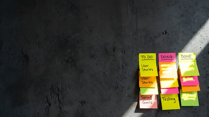 Naklejka premium Agile scrum task board with colorful sticky notes on concrete wall for creative team planning in boardroom