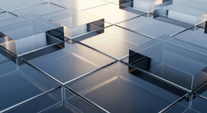 Glass cubes arranged in a grid pattern reflecting light indoors