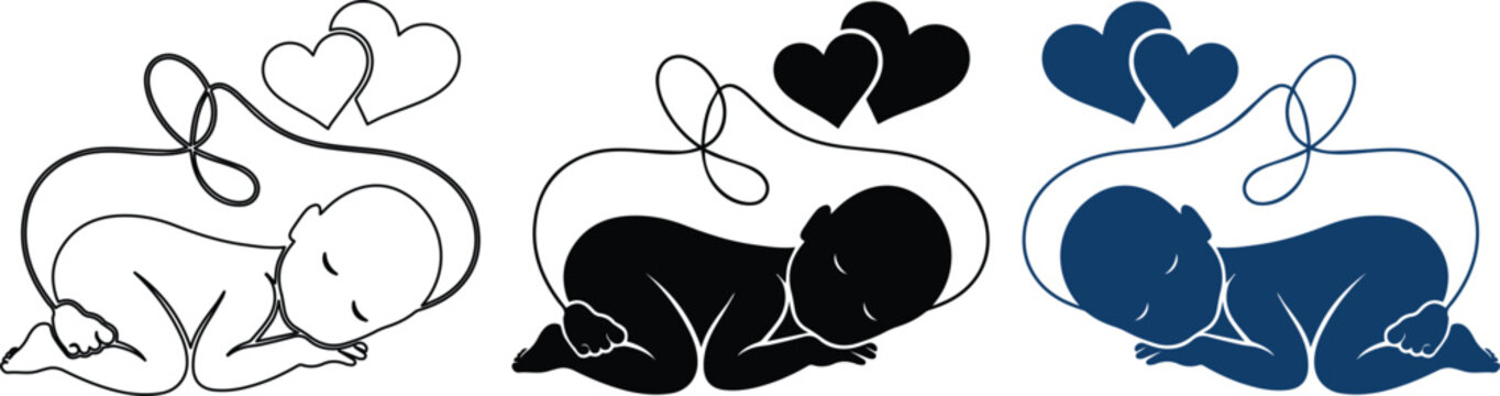 Newborn baby sleeping vector illustration set, cute infant with umbilical cord forming a heart, adorable baby silhouette for maternity and childcare designs