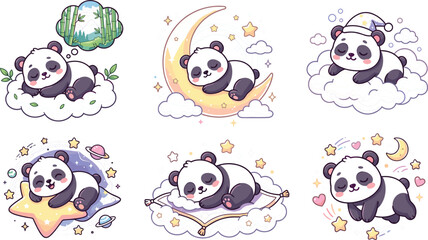 Cute cartoon panda bears bedtime vector sticker set featuring sleepy pandas sleeping on clouds stars moon and a flying carpet for children nursery design © Protima
