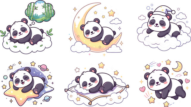 Cute cartoon panda bears bedtime vector sticker set featuring sleepy pandas sleeping on clouds stars moon and a flying carpet for children nursery design