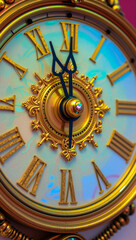 Obraz premium Ornate gold clock face with Roman numerals and hands.