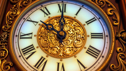 Obraz premium Ornate antique clock face with Roman numerals and gold detail.