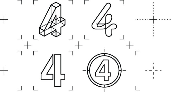 Number Four Typography and Creative Digit 4 Geometric Logo Line Art Vector Set,