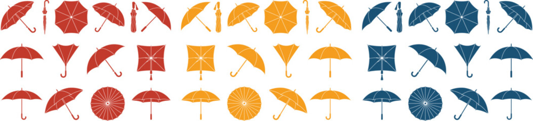 Colorful umbrella vector set, various open and closed parasol illustrations, red, orange, and blue rain protection icons, weather forecast graphic elements for web and print design © Farzana
