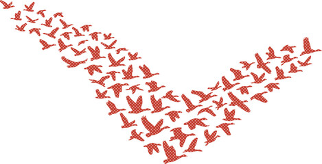 Obraz premium Dynamic flock of flying birds, a vibrant red avian migration pattern, abstract animal silhouette vector for nature and freedom concepts, a symbol of movement and unity.