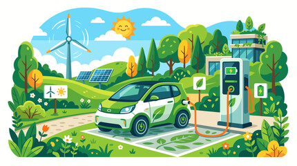 Fototapeta premium Sustainable Green Electric Vehicle Charging Station in Eco Friendly Natural Landscape with Renewable Energy Sources