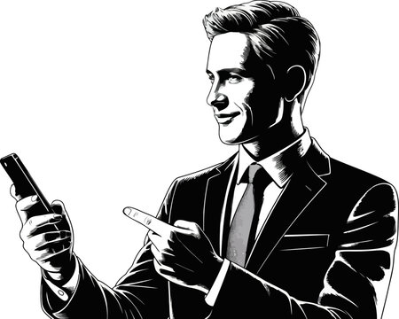 Smiling businessman in suit pointing at smartphone with a thoughtful expression and sharp contrast