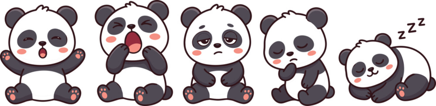 Cute cartoon panda bears progression vector set featuring sleepy pandas waking up yawning feeling tired nodding off and sleeping for nursery sticker design