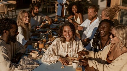 Fototapeta premium Diverse group of young adults enjoying a lively brunch at a sun-drenched restaurant table, capturing a warm social lifestyle scene for dining and hospitality
