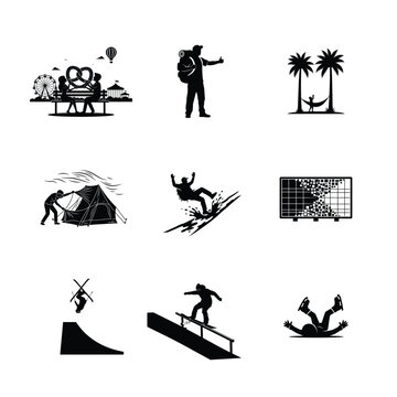 Filmmaking and Cinema Production Silhouettes Director with Megaphone Movie Camera Film Reel and Tropical Location Shooting