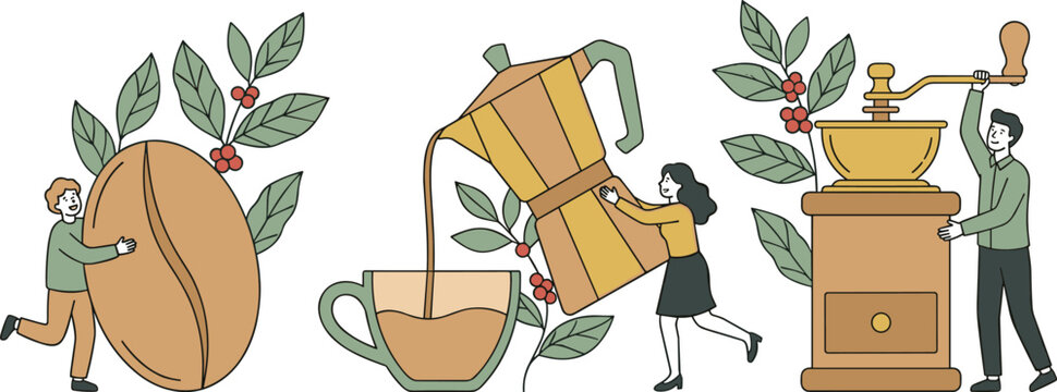 Minimalist coffee brewing set with tiny people characters giant moka pot grinder and bean vector