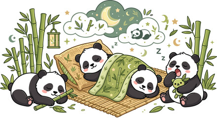 Cute cartoon panda bears sleeping in bamboo forest vector illustration featuring sleepy pandas yawning and dreaming for nursery card design © Protima