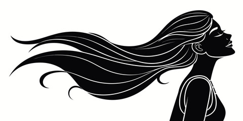 Profile portrait silhouette of a woman with long flowing hair in the wind silhouette portrait elegance peaceful aesthetic minimalist illustration haircare wellness movement expression © Mithila