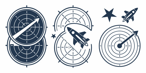 Radar screen icons with rocket ship and aircraft target symbols navigation aircraft tracking detection military aviation surveillance technology interface movement locating exploration © Mithila