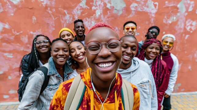 Diverse group of smiling college students standing together against an orange textured wall, vibrant and joyful campus life for university diversity