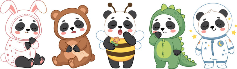 Cute cartoon panda bears wearing costumes vector illustration set featuring bunny bear bee dinosaur and astronaut pajamas for kids nursery design © Protima