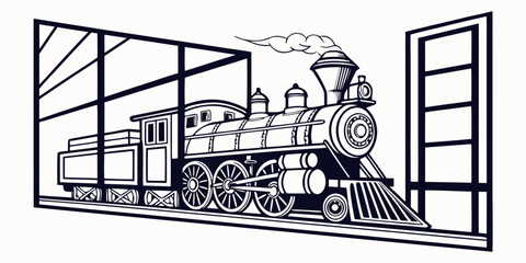 Steam train locomotive leaving station graphic with steam engine locomotive transportation railroad architecture departure building illustration platform structure industry mechanical © Mithila