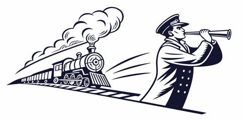 Train conductor blowing whistle near steam locomotive illustration with conductor locomotive railroad transportation platform industry illustration traveling operator official passenger © Mithila