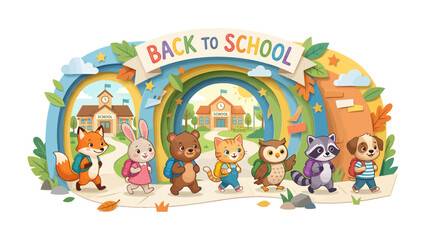 Fototapeta premium Back to School Animals: A vibrant illustration depicts a group of cute cartoon animals, including a fox, rabbit, bear, cat, owl, raccoon, and dog, all with backpacks.