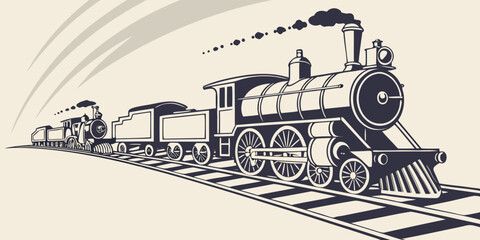 Steam locomotive train travelling on tracks illustration with steam engine locomotive railroad transportation illustration industry mechanical technology movement platform passenger © Mithila