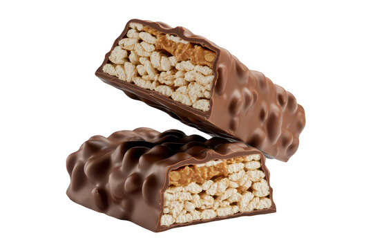 Two halves of a chocolate coated rice crispy bar with a caramel layer inside, isolated on a black background, sweet snack food