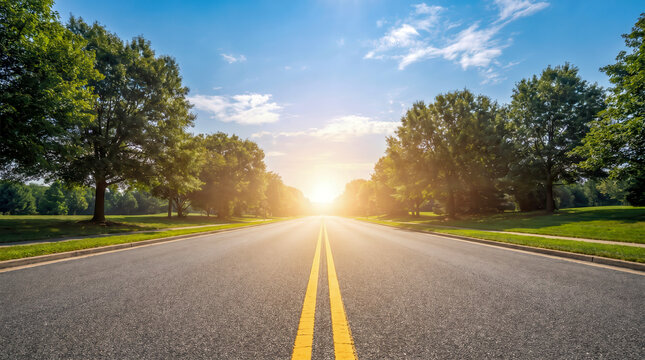 Empty asphalt road stretching into the horizon at sunset with lush green trees